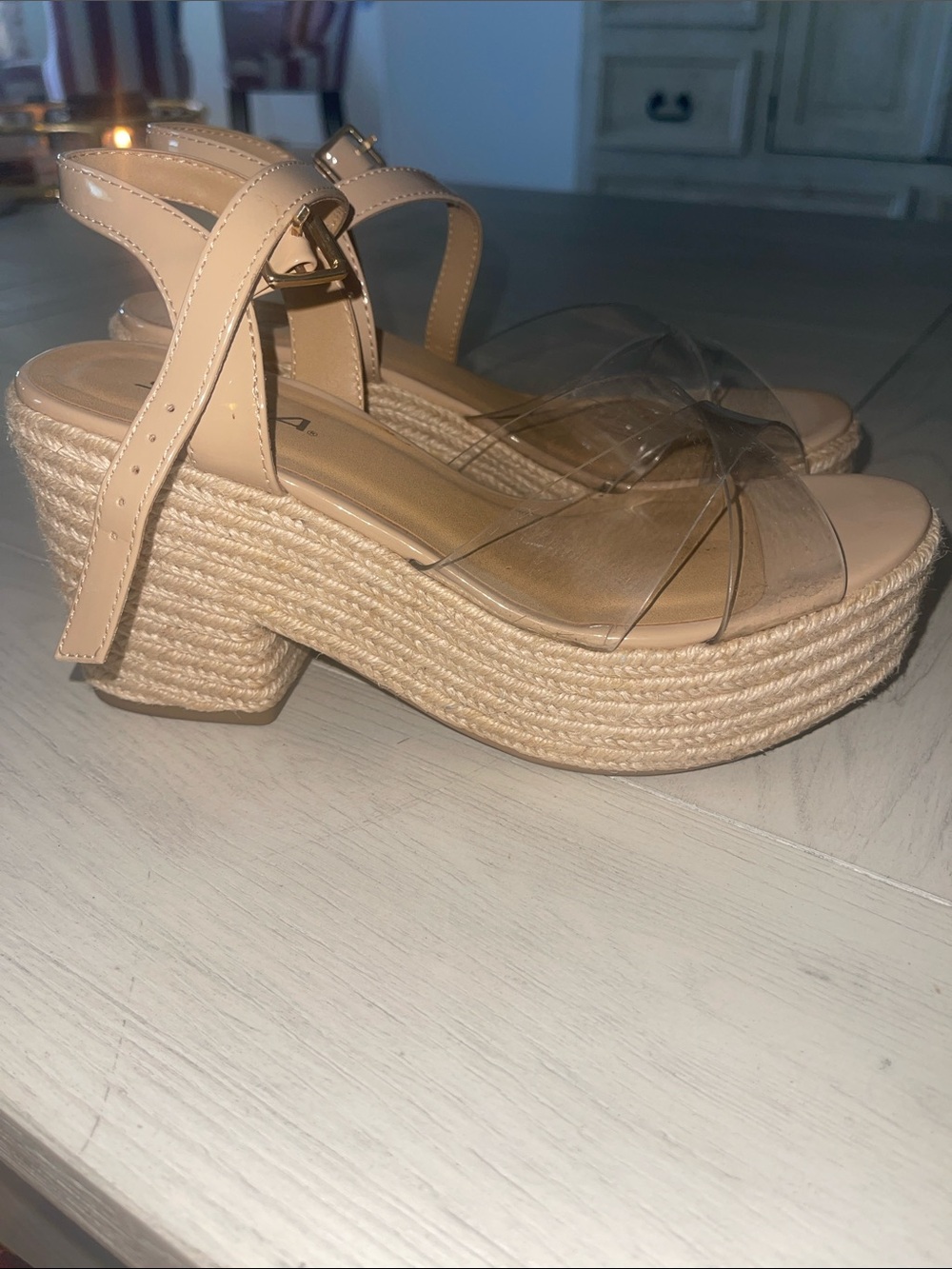 Soda Nude Wedge Espadrille Sandals with Clear Straps
